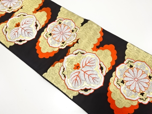 JAPANESE KIMONO / ANTIQUE FUKURO OBI / WOVEN KIKU & PAULOWNIA